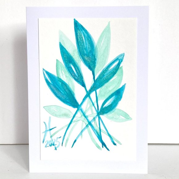 Funky Leaves Blue Original Watercolor Art Painting Handmade Greeting Card - Picture 1 of 5